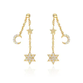 Tiny CZ Stars and Crescent Moon Chain Drop Ball Earrings