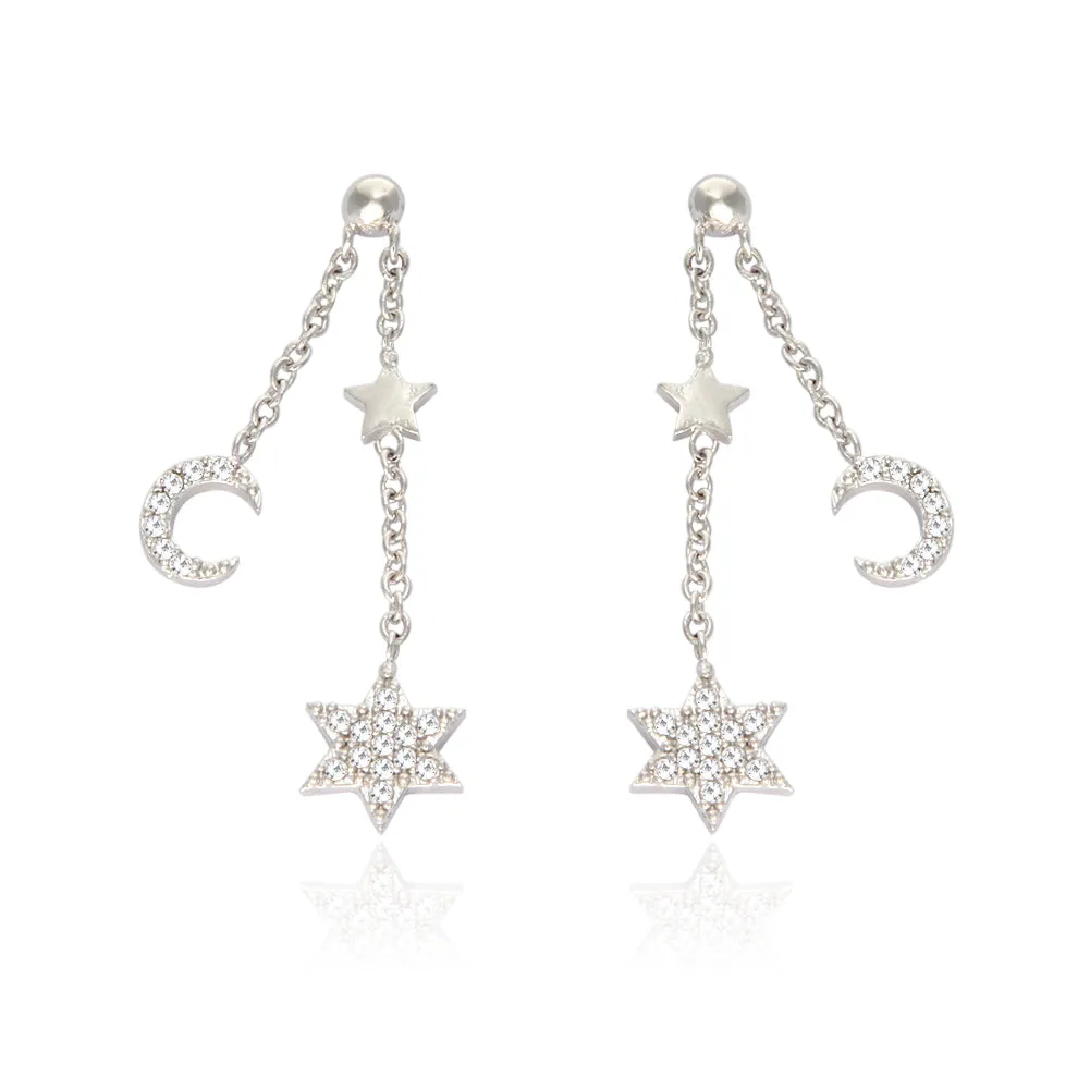 Tiny CZ Stars and Crescent Moon Chain Drop Ball Earrings