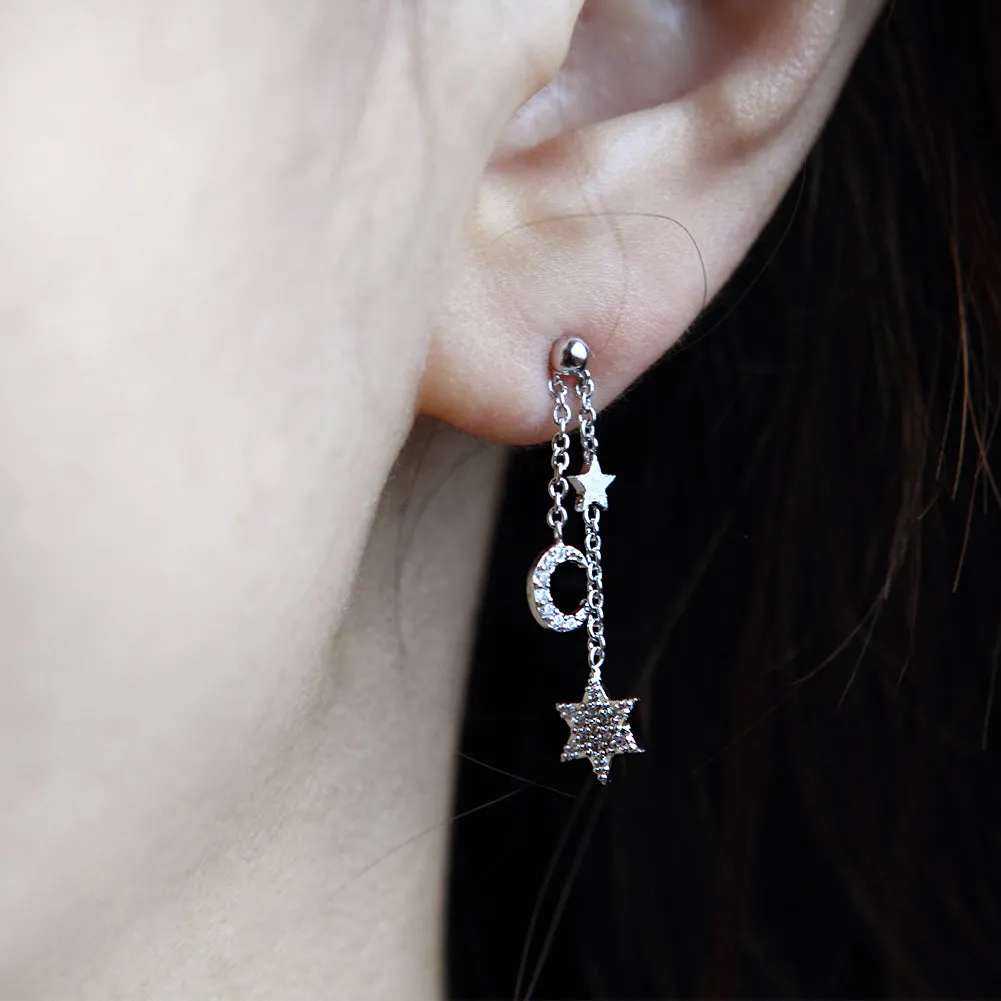 Tiny CZ Stars and Crescent Moon Chain Drop Ball Earrings