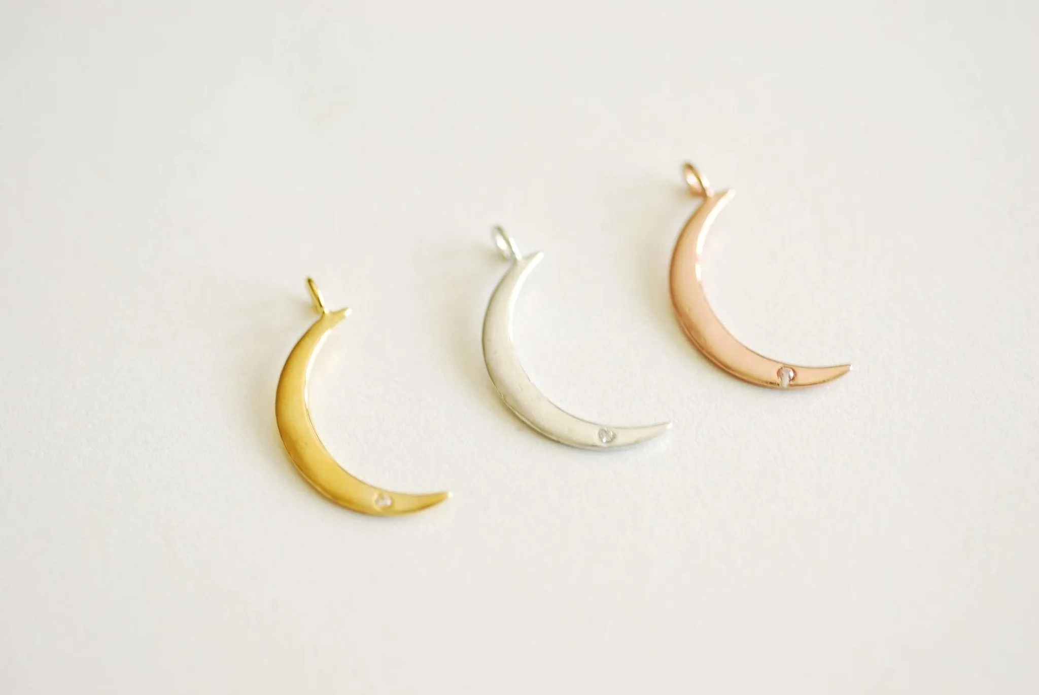 Wholesale Gold Crescent Moon with Cubic Zirconia Stone- 22k Gold Plated 925 Sterling Silver, Gold Moon with CZ Accent, Pave Horn, Attached Bail, 366