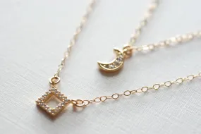 Wholesale Gold Square Necklace- Layer Necklace, Crescent Moon Necklace,14k gold filled Chain