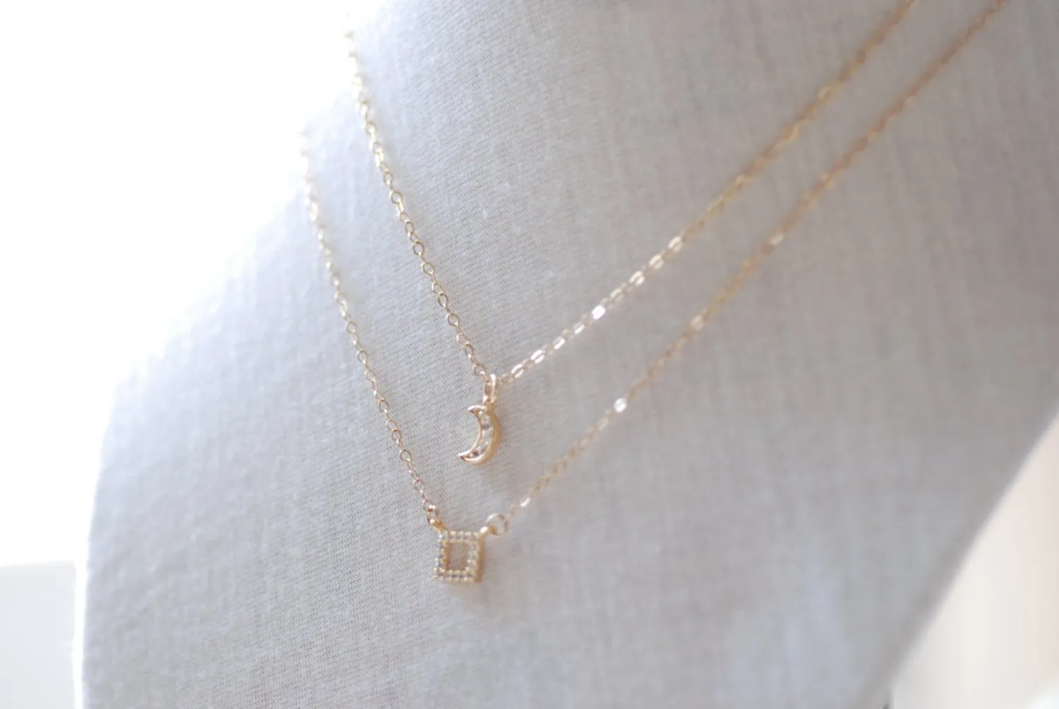 Wholesale Gold Square Necklace- Layer Necklace, Crescent Moon Necklace,14k gold filled Chain